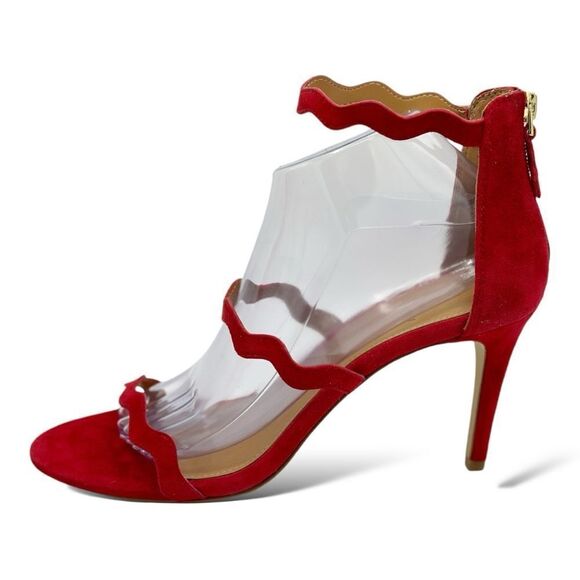 J Crew Red Suede Three-strap Scalloped Stiletto‎ Heeled Sandals Sz 9.5M - Picture 1 of 15